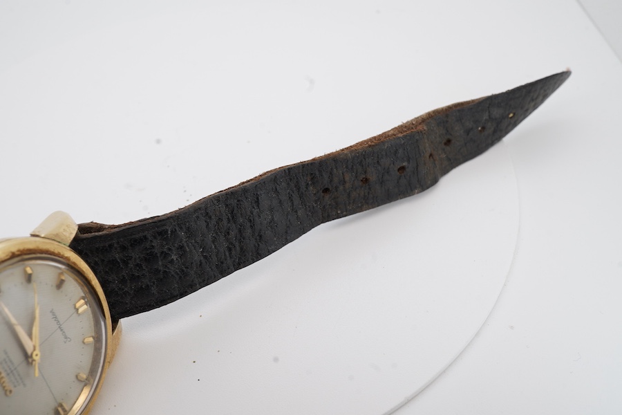 A gentleman's mid 1950's steel and gold plated Omega Seamaster Automatic Chronometer, with cross hair dial and baton numerals, movement c.354, case diameter 35mm, on an associated leather strap, no box or papers.